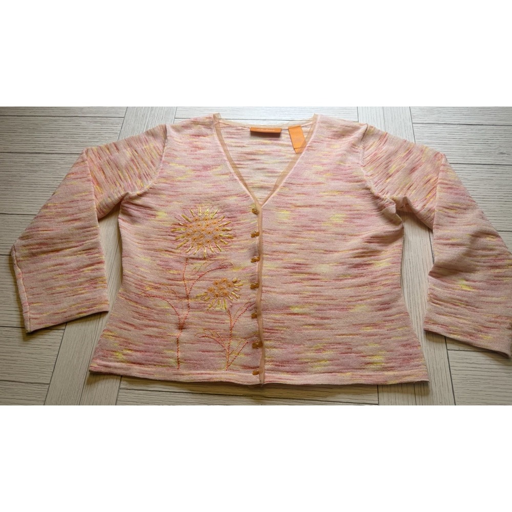 Intuitions‎ Cardigan Orange Yellow Beaded Flower Button Up V Neck Long Sleeve M